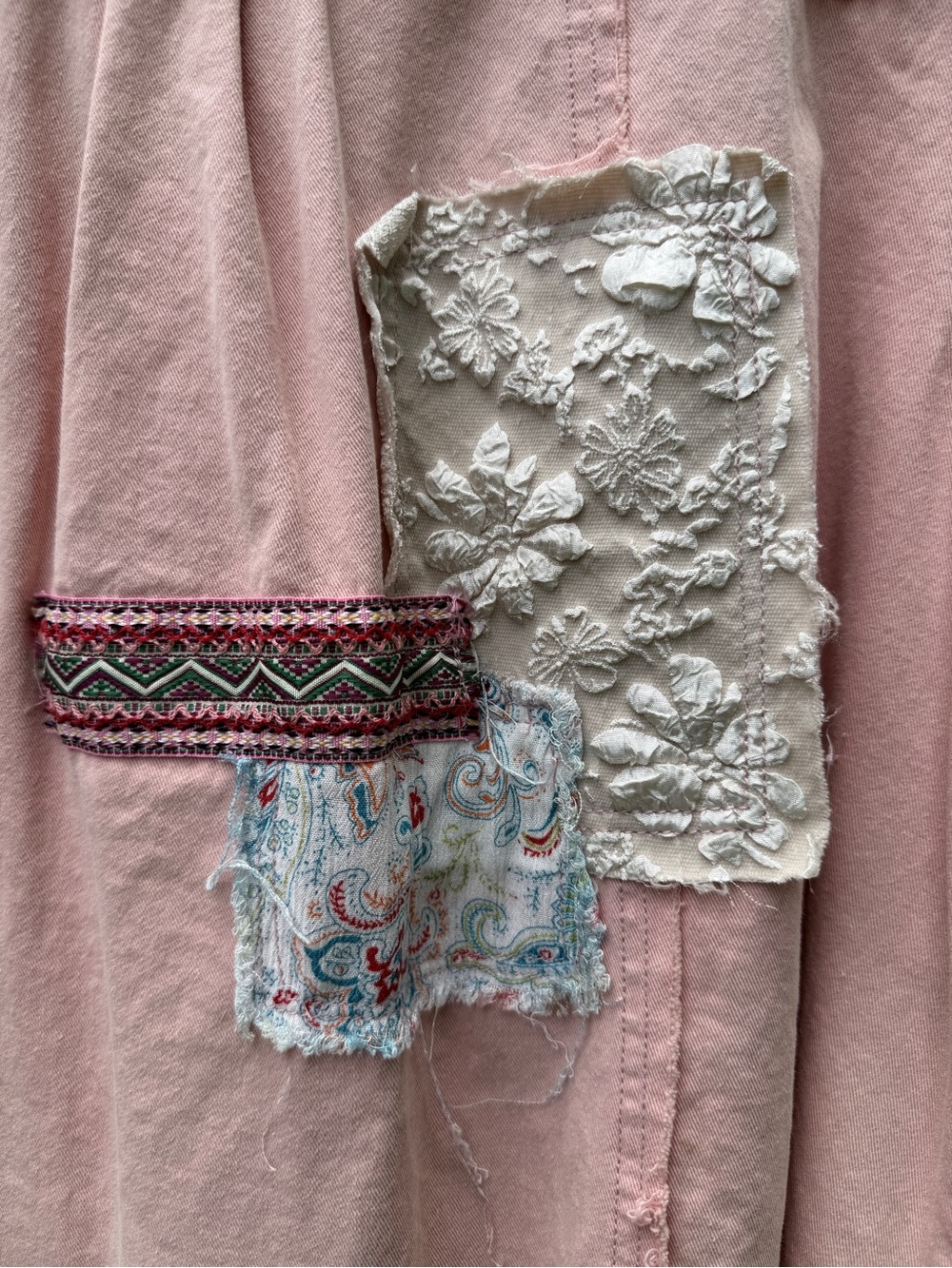 POL Womens Large Pink Patchwork Lace Shacket Jacket Raw Hem Distressed Boho Mesh - Picture 7 of 10